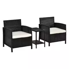Outsunny 2-Seater PE Rattan Side Table & Armchair Bistro Set Jack and Jill Seat w/ Pillows Black - 1