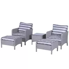 Outsunny 5 Pieces PE Rattan Garden Furniture Set with 10cm Thick Padded Cushions, Wicker Weave Outdoor Seating Chairs with 2 Armchairs, 2 Stools, Glass Top Table, Grey and White - 1