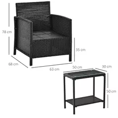 Outsunny 2-Seater PE Rattan Side Table & Armchair Bistro Set Jack and Jill Seat w/ Pillows Black - 3