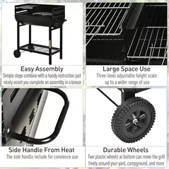 Outsunny Steel 2-Grill Charcoal BBQ w/ Wheels Black - 6