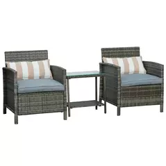 Outsunny 3 Pieces Rattan Bistro Set, Wicker Garden Furniture Set, Glass Top 2-tier Coffee Table and Chairs Set with Pillows and Washable Cushions for Outdoor, Patio, Balcony, Grey - 1