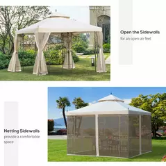 Outsunny 3(M)x3(M) Garden Gazebo Double Top Outdoor Canopy Patio Event Party Wedding Tent Backyard Sun Shade with Netting - Cream White - 5