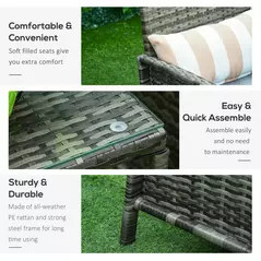 Outsunny 3 Pieces Rattan Bistro Set, Wicker Garden Furniture Set, Glass Top 2-tier Coffee Table and Chairs Set with Pillows and Washable Cushions for Outdoor, Patio, Balcony, Grey - 7