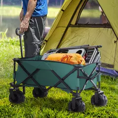 Outsunny 140L Festival Trolley on Wheels, Folding Camping Trolley Cart with Telescopic Handle, Big Wheels for Outdoor Garden Beach Fishing, Green - 9