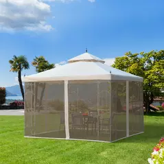 Outsunny 3(M)x3(M) Garden Gazebo Double Top Outdoor Canopy Patio Event Party Wedding Tent Backyard Sun Shade with Netting - Cream White - 1