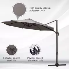 Outsunny 3m Cantilever Aluminium Frame Outdoor Garden Parasol Grey - 6