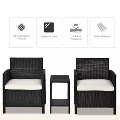 Outsunny 2-Seater PE Rattan Side Table & Armchair Bistro Set Jack and Jill Seat w/ Pillows Black - 4