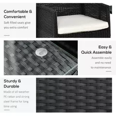 Outsunny 2-Seater PE Rattan Side Table & Armchair Bistro Set Jack and Jill Seat w/ Pillows Black - 5