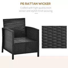 Outsunny 2-Seater PE Rattan Side Table & Armchair Bistro Set Jack and Jill Seat w/ Pillows Black - 7