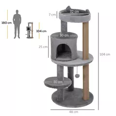 PawHut 104 cm Cat Tree, Cat Condo Tree Tower, Cat Activity Centre with Scratching Posts, Plush Perches, Hanging Ball - Grey - 3