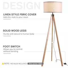 HOMCOM Floor Lamp with Elegant Wood Tripod, Free Standing E27 Bulb Lamp Versatile Use For Home Office - Beige - 4