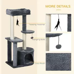 PawHut 100cm Cat Tree for Indoor Cats, Cat Tower Condo for Kittens with Cat House Sisal Scratching Posts, Hanging Ball Toys, Perches - Grey - 7