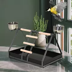 PawHut Parrot Stand Bird Stand w/Wood Perch Ladder Feeder Removable Tray - 2