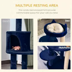 PawHut 104 cm Cat Tree, Cat Condo Tree Tower, Cat Activity Centre with Scratching Posts, Plush Perches, Hanging Ball - Blue - 5