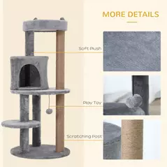 PawHut 104 cm Cat Tree, Cat Condo Tree Tower, Cat Activity Centre with Scratching Posts, Plush Perches, Hanging Ball - Grey - 6