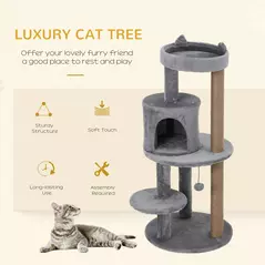 PawHut 104 cm Cat Tree, Cat Condo Tree Tower, Cat Activity Centre with Scratching Posts, Plush Perches, Hanging Ball - Grey - 4