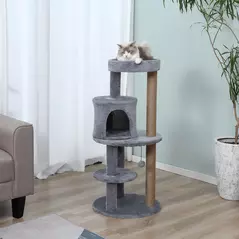 PawHut 104 cm Cat Tree, Cat Condo Tree Tower, Cat Activity Centre with Scratching Posts, Plush Perches, Hanging Ball - Grey - 2