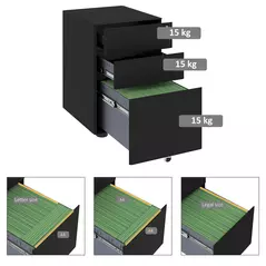 Vinsetto Lockable Cabinet, Rolling Filing Cabinet with 3 Drawers, Steel Office Drawer Unit for A4, Letter, Legal Sized Files - 4