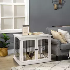 PawHut Dog Crate Furniture, Puppy Crate End Table, Pet Kennel House with 2 Doors for Medium and Small Dogs, 81 x 58.5 x 66 cm, White - 2
