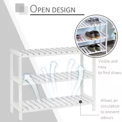HOMCOM 3-Tier Shoe Rack Wood Frame Slatted Shelves Spacious Open Hygienic Storage Home Hallway Furniture Family Guests 70L x 26W x 57.5H cm - White - 4