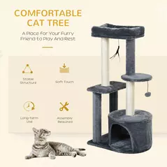 PawHut 100cm Cat Tree for Indoor Cats, Cat Tower Condo for Kittens with Cat House Sisal Scratching Posts, Hanging Ball Toys, Perches - Grey - 6