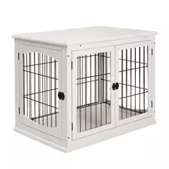 PawHut Dog Crate Furniture, Puppy Crate End Table, Pet Kennel House with 2 Doors for Medium and Small Dogs, 81 x 58.5 x 66 cm, White - 1