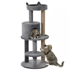 PawHut 104 cm Cat Tree, Cat Condo Tree Tower, Cat Activity Centre with Scratching Posts, Plush Perches, Hanging Ball - Grey - 1
