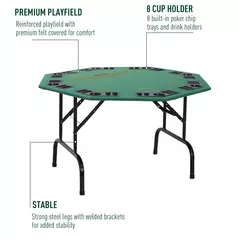 HOMCOM 8 Player Folding Games Poker Table with Chip Cup Holder Steel Base Felt Top Octagon Blackjack Green - 4
