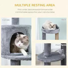PawHut 104 cm Cat Tree, Cat Condo Tree Tower, Cat Activity Centre with Scratching Posts, Plush Perches, Hanging Ball - Grey - 5