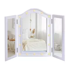 HOMCOM Trifold Tabletop Mirror, 73x53.5cm Makeup Mirror Large Cosmetic w/16 LED Lights Powered by Batteries, Foldable For Bedroom, White - 2