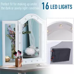 HOMCOM Trifold Tabletop Mirror, 73x53.5cm Makeup Mirror Large Cosmetic w/16 LED Lights Powered by Batteries, Foldable For Bedroom, White - 4