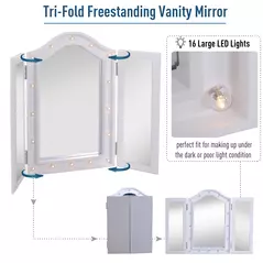 HOMCOM Trifold Tabletop Mirror, 73x53.5cm Makeup Mirror Large Cosmetic w/16 LED Lights Powered by Batteries, Foldable For Bedroom, White - 5