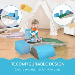 HOMCOM 5 Piece Kids Soft Play Set, Climb and Crawl Activity Toys Set for Baby Toddler, Soft Foam Blocks Indoor Play Equipment Learning Toys Blue - 5