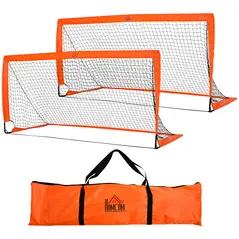 HOMCOM Set of 2 Football Goal Net 6 x 3 ft Foldable Outdoor Sport Training Teens Adults Football with Carrying Bag Orange - 1
