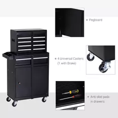 DURHAND Tool Chest 2 in 1 Metal Tool Cabinet Storage Box with 5 Drawers Pegboard Wheels 60x28x104.5cm Black - 5