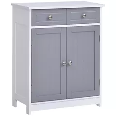 kleankin 75x60cm Freestanding Bathroom Storage Cabinet Unit w/ 2 Drawers Cupboard Adjustable Shelf Metal Handles Traditional Style Grey White - 1