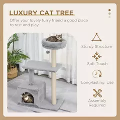 PawHut 96cm Cat Tree for Indoor Cats Condo Sisal Scratching Post Cat Tower Kitten Play House Dangling Ball Activity Center Furniture Grey - 4