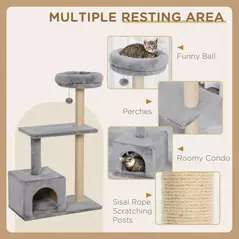 PawHut 96cm Cat Tree for Indoor Cats Condo Sisal Scratching Post Cat Tower Kitten Play House Dangling Ball Activity Center Furniture Grey - 5
