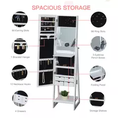 HOMCOM Jewellery Cabinet, Standing Mirror with LED Lights, Full-Length Mirror with Storage Drawers, Hooks and Shelves, Make-Up Armoire, Jewellery Organiser for Bedroom, White - 6