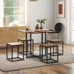 HOMCOM 5 Piece Dining Table and Chairs Set 4, Industrial Space Saving Table and Chairs with Metal Frame, Square Kitchen Table and Stools for Dining Room, Brown - 2