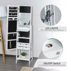 HOMCOM Jewellery Cabinet, Standing Mirror with LED Lights, Full-Length Mirror with Storage Drawers, Hooks and Shelves, Make-Up Armoire, Jewellery Organiser for Bedroom, White - 5