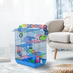 PawHut Hamster Cage, 5 Tier Carrier Habitat with Exercise Wheels Tunnel Tube Water Bottle Dishes House Ladder, Gerbil Cage for Dwarf Mice, Blue - 2