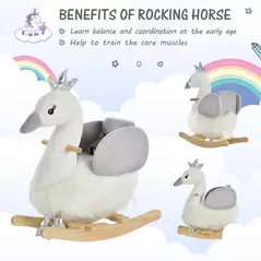 HOMCOM Kids Rocking Horse, Children Plush Ride On Swan Animal Rocker w/ Sound, Wood Base Seat, Safety Belt, Baby Toy Rocker for Toddler 18 - 36 Months, White and Grey - 5