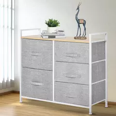 HOMCOM 5 Drawer Linen Basket Storage Unit Home Organisation w/ Shelf Handles Metal Frame Adjustable Feet Hallway Home Dresser Grey - 2