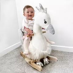 HOMCOM Kids Rocking Horse, Children Plush Ride On Swan Animal Rocker w/ Sound, Wood Base Seat, Safety Belt, Baby Toy Rocker for Toddler 18 - 36 Months, White and Grey - 8