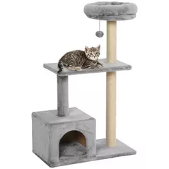 PawHut 96cm Cat Tree for Indoor Cats Condo Sisal Scratching Post Cat Tower Kitten Play House Dangling Ball Activity Center Furniture Grey - 1