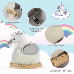 HOMCOM Kids Rocking Horse, Children Plush Ride On Swan Animal Rocker w/ Sound, Wood Base Seat, Safety Belt, Baby Toy Rocker for Toddler 18 - 36 Months, White and Grey - 4