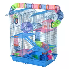 PawHut Hamster Cage, 5 Tier Carrier Habitat with Exercise Wheels Tunnel Tube Water Bottle Dishes House Ladder, Gerbil Cage for Dwarf Mice, Blue - 1