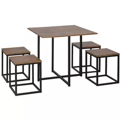 HOMCOM 5 Piece Dining Table and Chairs Set 4, Industrial Space Saving Table and Chairs with Metal Frame, Square Kitchen Table and Stools for Dining Room, Brown - 1