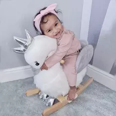 HOMCOM Kids Rocking Horse, Children Plush Ride On Swan Animal Rocker w/ Sound, Wood Base Seat, Safety Belt, Baby Toy Rocker for Toddler 18 - 36 Months, White and Grey - 9